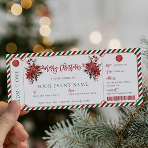 Christmas event ticket editable, holly poinsettia invitation ticket, fake show christmas event ticket, gift voucher surprise, christmas 2023
