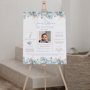 Light blue watercolor flowers baptism milestone poster for boy printable, floral christening boy milestone sign, milestone with photo - C40