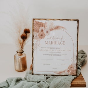 Custom Certificate of Marriage template, boho beige floral marriage certificate, wedding keepsake certificate, commitment vow renewal - C329
