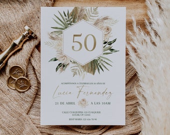 Invitación de 50 años, all ages adult  invitation 50th birthday printable, invitación verde con flores y hierbas de pampa en español -C044