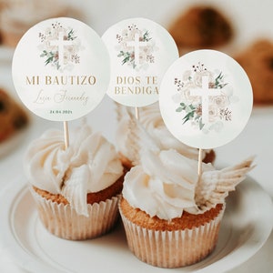 Mi bautizo cupcake topper printable, cupcake de comunión en español, neutral pampas grasses bohemian flowers for christening cupcakes -C007