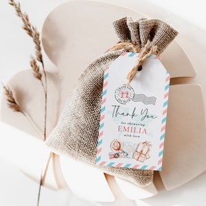 Editable traveling to Mrs bridal shower thank you tag, gift tag in the form pink blue postcard, backpack world map wedding favor tags - C266
