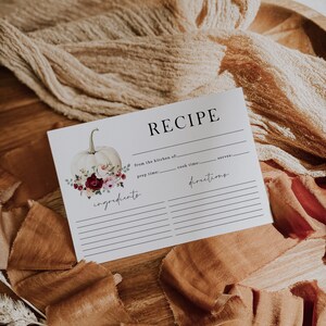 Fall bridal shower recipe insert printable, burgundy flowers and white pumpkin bridal party recipe card , minimalist boho recipe card - C415
