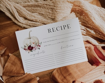 Fall bridal shower recipe insert printable, burgundy flowers and white pumpkin bridal party recipe card , minimalist boho recipe card - C415