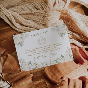 White roses baptism thank you card template, christening thank you card with photo, angel wings cross thank you note, greenery baptism -C171