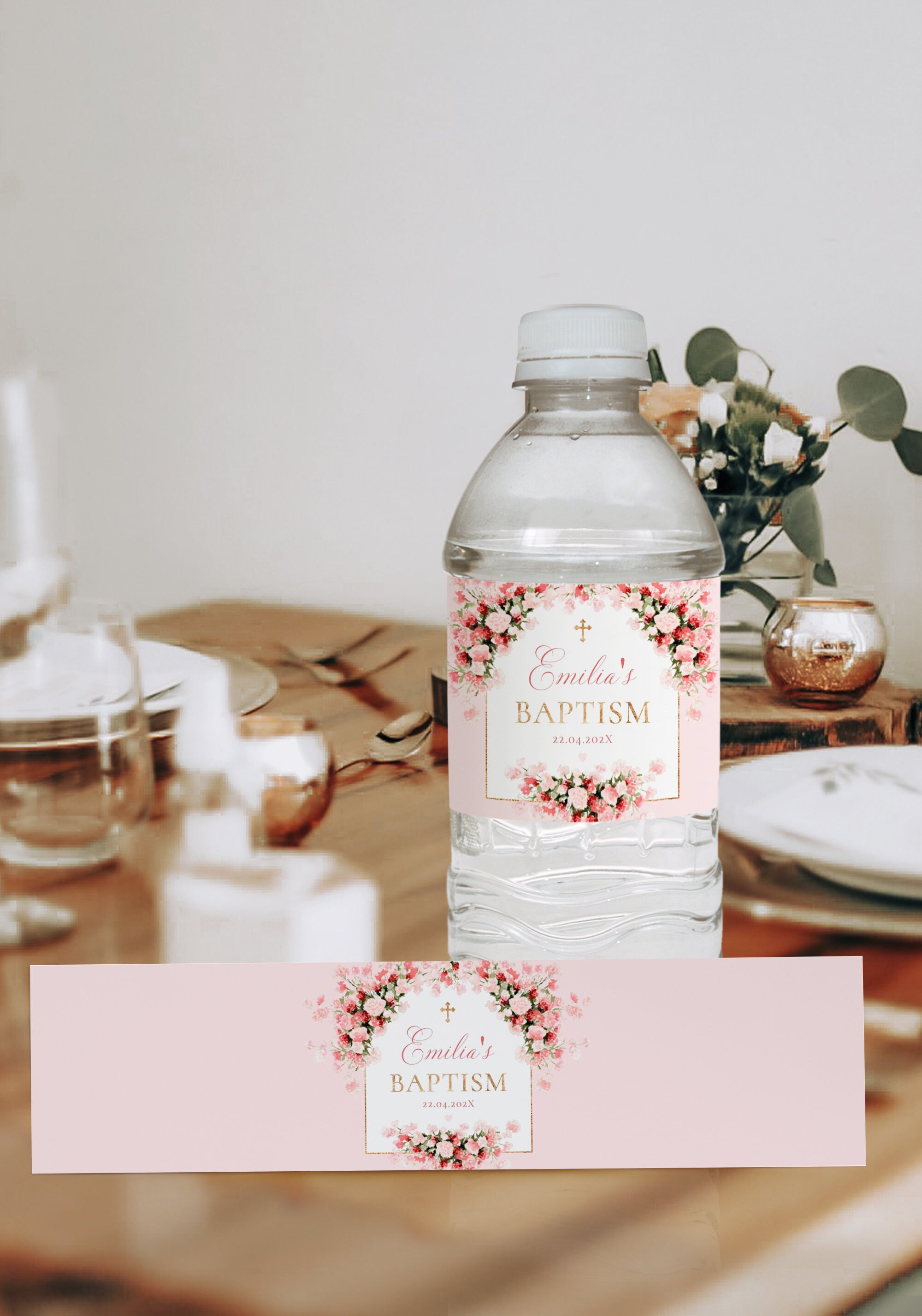 Pink Gold Baptism Water Bottle Label Template Christening - Etsy