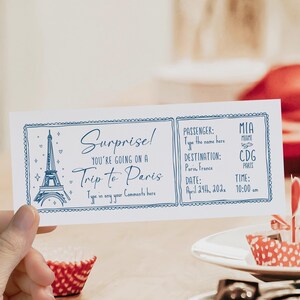 A Trip to Paris airplane boarding pass template, surprise travel ticket trip to France, reveal gift plane ticket, blue flight ticket for him