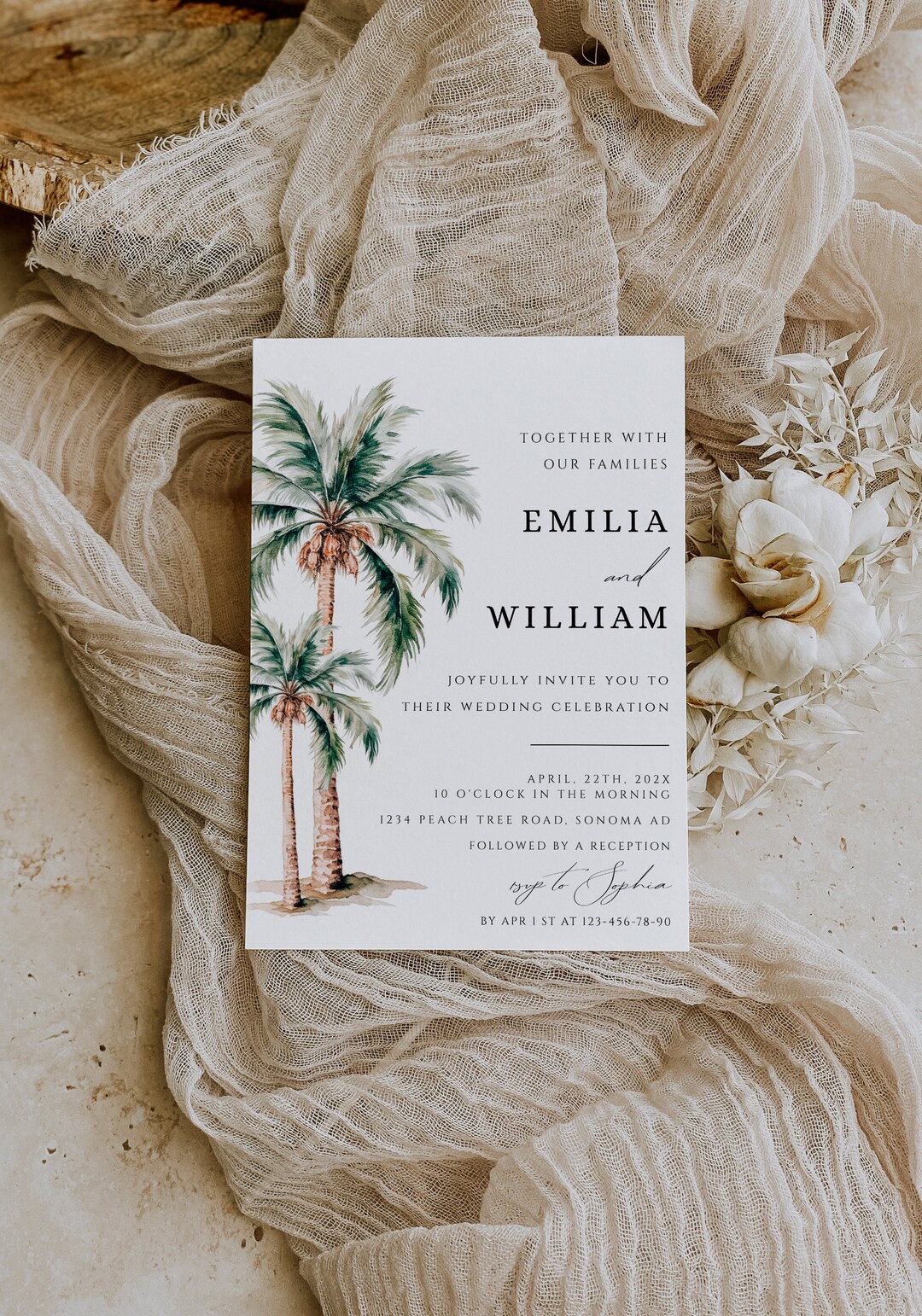 Modern Two Palm Decorations Wedding Editable Invitation, Tropical Palms ...