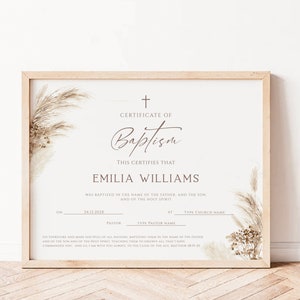 Minimalistic dedication baptism certificate template, boho pampas grass baptism gift child christening dedication, church certificate -C216