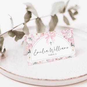 Girls baptism place card folded flat template, blush pink peonies & bow christening seating cards, boho green pink floral place card - C441g
