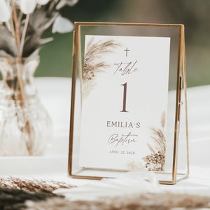 Pampas grass baptism table number template, beige minimalistic table numbers, dekor christening baby boy girl, bohemian number -C216