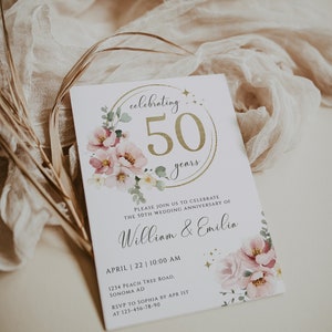 Modern 50th wedding anniversary invitation printable, gold anniversary template, wedding anniversary invitation blush pink flowers - C184