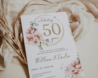 Modern 50th wedding anniversary invitation printable, gold anniversary template, wedding anniversary invitation blush pink flowers - C184