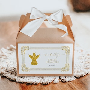 Editable baptism gable box label, gold angelic baptism gable box label, christening favor gift label in spanish, bautizo gracias box - C005
