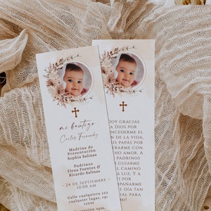 Prayer card pampas grass beige flowers with photo baby printable, oraciones para bautizo boho en español, spanish baptism prayer card -C025