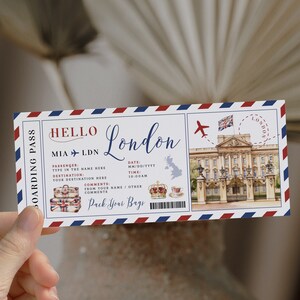 London boarding pass ticket template, trip ticket to England, gift vacation ticket, hello London surprise fake airline ticket, any occasion