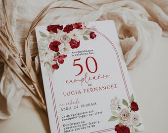 Bright ruby flowers adult 50th birthday invitation in spanish printable, invitación de 50cumpleaños en español, boho bday party invite -C497
