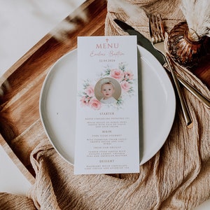 Blush pink floral decor menu card baptism girl printable, boho personalised christening menu with photo, rose flovers communion menu - C142