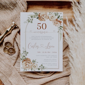 Spanish 50th wedding anniversary invite template, invitación 50 aniversario de bodas, boho green dusty pink flowers wedding invites  -C207
