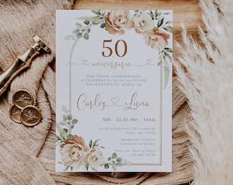 Spanish 50th wedding anniversary invite template, invitación 50 aniversario de bodas, boho green dusty pink flowers wedding invites  -C207