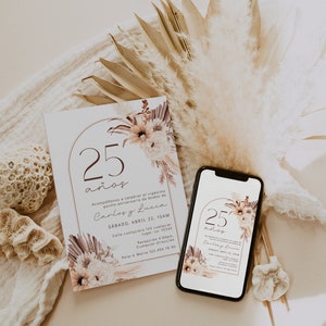 Invitación 25 aniversario de bodas en español, boho beige flowers pampas wedding anniversary invite, silver wedding invite printable -C248