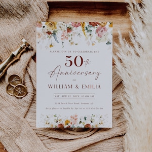 May include: A floral-themed invitation card with a watercolor design. The card announces the 50th anniversary of William and Emilia, taking place on Saturday, April 22, 202X at 10:00 AM. The address is 1234 Peach Tree Road, Sonoma AD. RSVP by April 1st at 123-456-78-90.