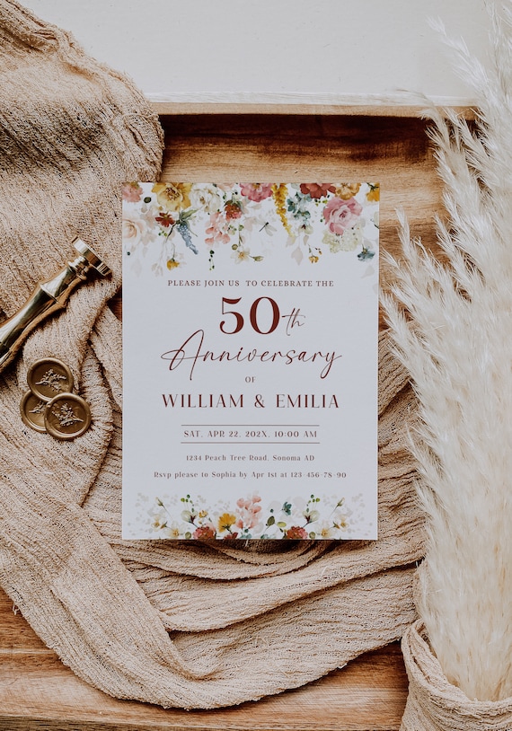 50th wedding anniversary invite, modern wildflowers wedding invitation design, gold anniversary template, any event anniversary invite -C195