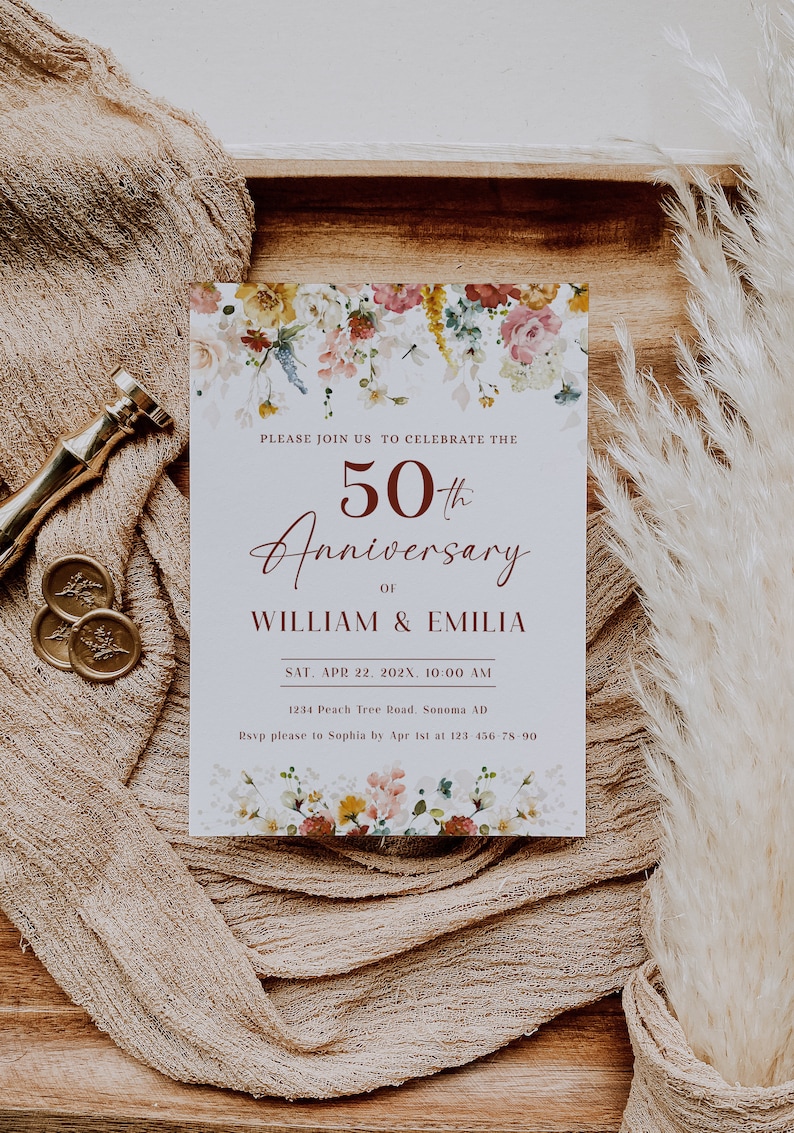May include: A floral-themed invitation card with a watercolor design. The card announces the 50th anniversary of William and Emilia, taking place on Saturday, April 22, 202X at 10:00 AM. The address is 1234 Peach Tree Road, Sonoma AD. RSVP by April 1st at 123-456-78-90.