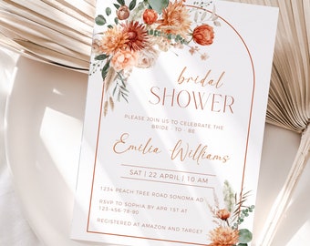 Boho arch floral bridal shower invitation printable, terracotta wedding shower invitation, fall bridal, autumn brunch shower invite  - C146