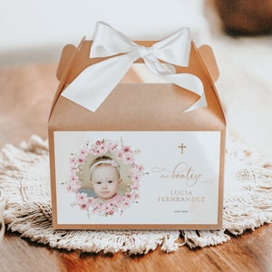 Pink flowers baptism boho gable box label spanish editable, gold pink gift box label with photo girl, etiquetas caja regalo bautizo - C282p