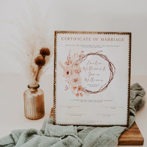 Custom marriage certificate, editable certificate of marriage, wedding keepsake certificate, boho soft pink floral wedding certificate -C333