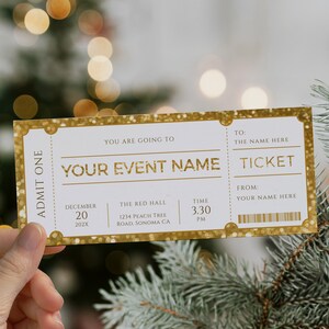 Editable christmas surprise event ticket, gold glitter gift voucher events, movie ticket, concert gift, christmas event show fake ticket