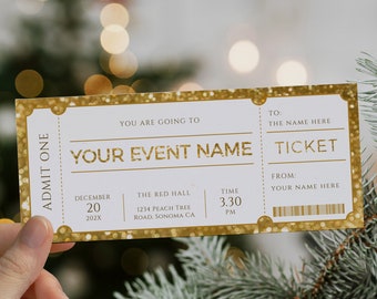 Puede incluir: Un boleto dorado con purpurina con el texto "ADMIT ONE" en el lado izquierdo y "YOUR EVENT NAME TICKET" en el lado derecho. El boleto incluye detalles como la fecha, la hora, la ubicación y el texto "TO: THE NAME HERE" y "FROM: YOUR NAME HERE".