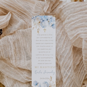 Mi bautizo para niño niña tarjeta de oración editable en español, bookmark dekorated light blue waterkolor baptism boy girl in spanish -C041