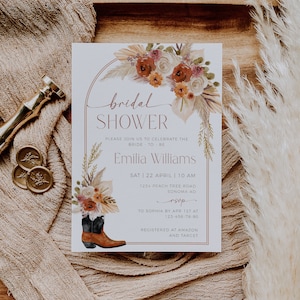 Boho cowboy boots and floral bridal shower invitation printable, cowgirl boots bridal shower invitation, country western invitation -C134