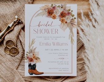 Boho cowboy boots and floral bridal shower invitation printable, cowgirl boots bridal shower invitation, country western invitation -C134