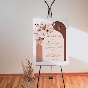 Arch beige tone baptism & 1st birthday welcome sign template spanish, letrero bienvenida bautizo y primer anito niño o niña boho flores -C2