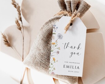 Summer bridal shower favor tag template, minimalist rustic floral bridal shower thank you tag, colorful wildflowers showering gift tag -C293