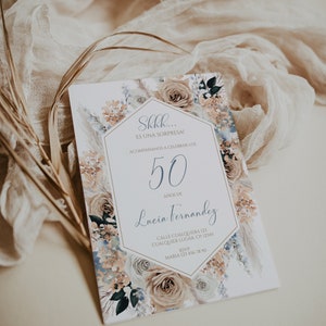 50th birthday adult surprise invite spanish template, boho azul floral hierba de la pampa invitación sorpresa 50cumpleaños en español -C59