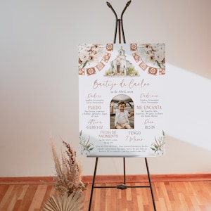 Baptism boy milestone poster with photo spanish template, boho beige mexican theme baptism milestone sign, cartel hito bautizo español -C464