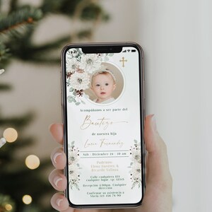 Fleurs avec photo invitation de baptême électronique espagnol, flores modernas para niña con foto texte de téléphone intelligent bautizo evite español - C006
