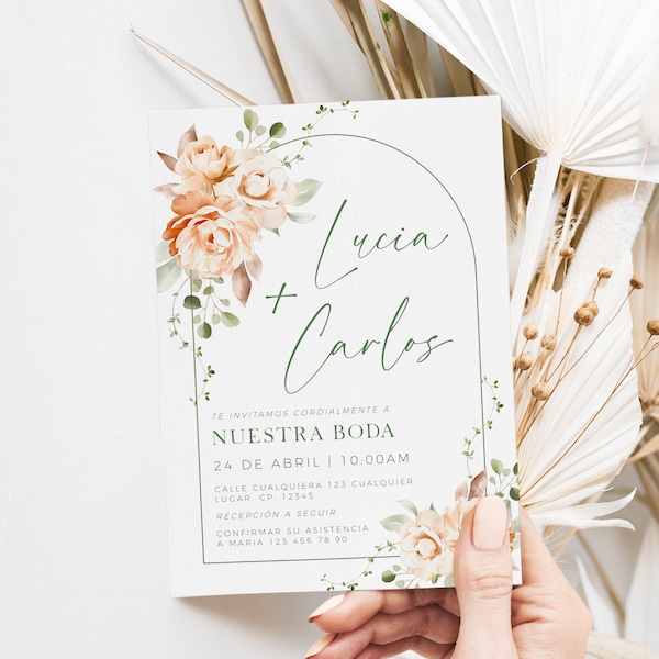 Plantilla de invitaciones para boda en español, wedding invitation spanish with coral flowers, blush floral wedding boho invitation - C251