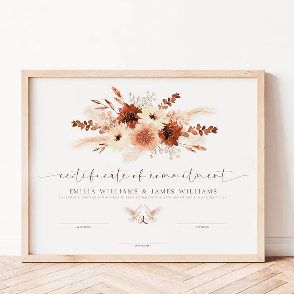 Certificate of commitment template, commitment ceremony certificate marriage with boho terracotta flowers, wedding day certificate - C330