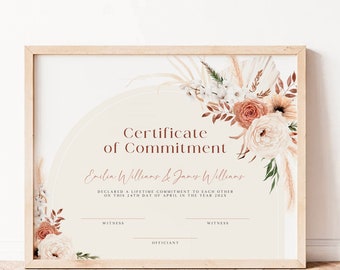 Commitment Сeremony Сertificate Marriage with Boho Terracotta Flowers, Certificate of Commitment Template, Wedding Day Certificate - C323