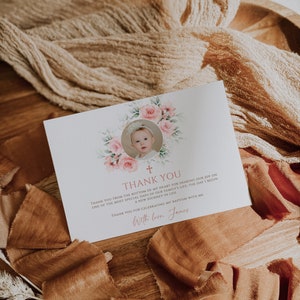 Blush pink flowerst baptism girl thank you card printable, christening girl thank you card with photo, boho religious thank you note - C142