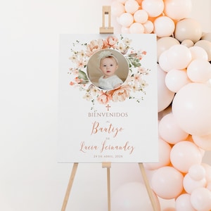Peach floral welcome sign with photo girl for baptism bohemian in spanish template, cartel bienvenida bautizo con foto niña en español -C157
