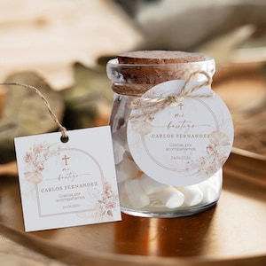 Boho soft beige floral baptism thank you tag template in spanish, género neutro floral etiqueta de agradecimiento bautizo en español - C20