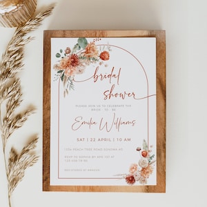 Boho autumn flowers bridal shower invitation printable, light terracotta flowers wedding shower invite, fall bridal shower invite - C147