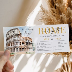 Surprise trip Rome ticket template, pack you bagg to Rome, travel gift ticket, gold plane ticket, flight surprise travel to Italy fake pass