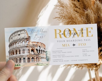 Surprise trip Rome ticket template, pack you bagg to Rome, travel gift ticket, gold plane ticket, flight surprise travel to Italy fake pass